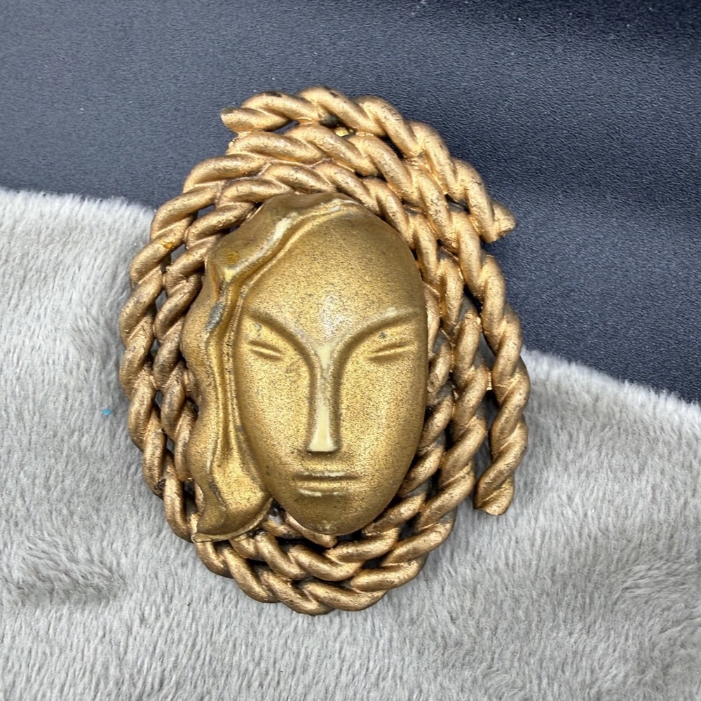 Vintage Estate Mask Brooch Gold Tone Face Rope Border Lightweight